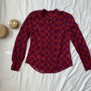 J Crew Red & Blue Geometric Print Sheer Blouse